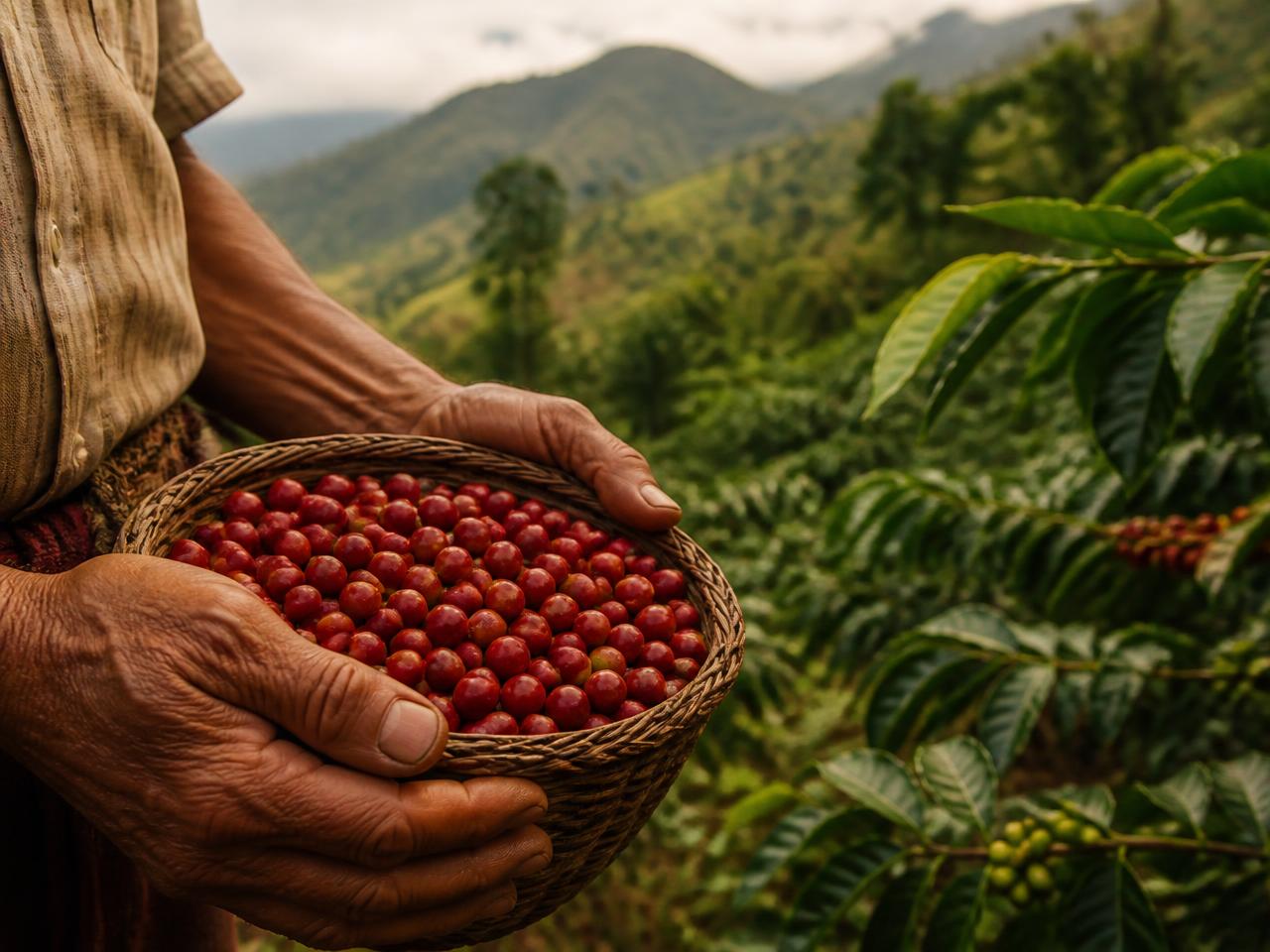 Coffee grower's hands holding freshly picked coffee cherries