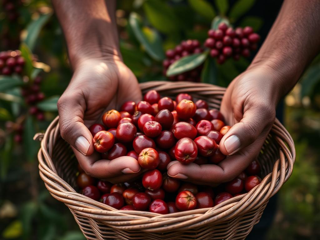 Coffee grower's hands holding ripe coffee cherries in a basket