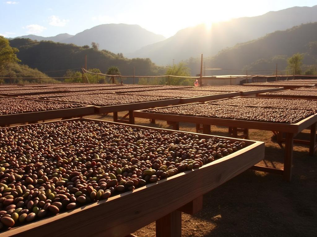 Raised drying beds with parchment coffee in the sun facing the mountains